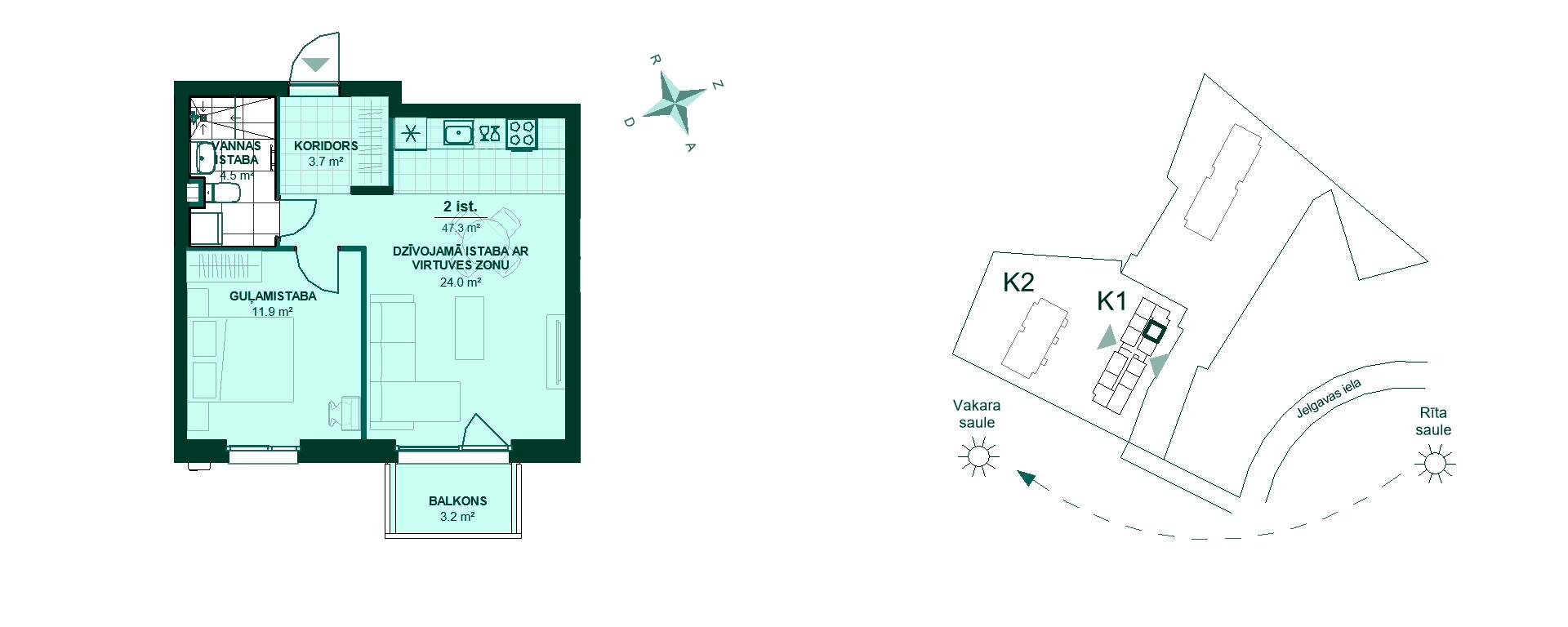 Plānojuma zīmējums - Šis ir dzīvokļa plānojums ar koridoru, virtuves zonu, dzīvojamo istabu, guļamistabu, vannas istabu un balkonu. Ideāla vieta komfortam!