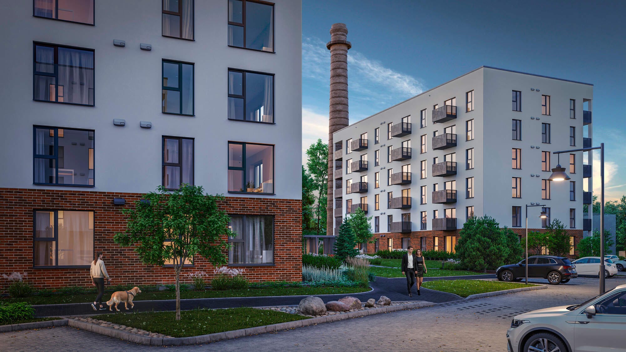 Vizualizācija / Bonava jaunais projekts "Hartmaņa kvartāls" Torņakalnā, otrā un trešā māja Jelgavas ielā 55 un 55A Vizualizacija - Divstāvu dzīvojamā ēka ar mūsdienīgu dizainu, kurā redzama zaļa apkārtne, autostāvvieta un iedzīvotāji, kas bauda vakara pastaigu.