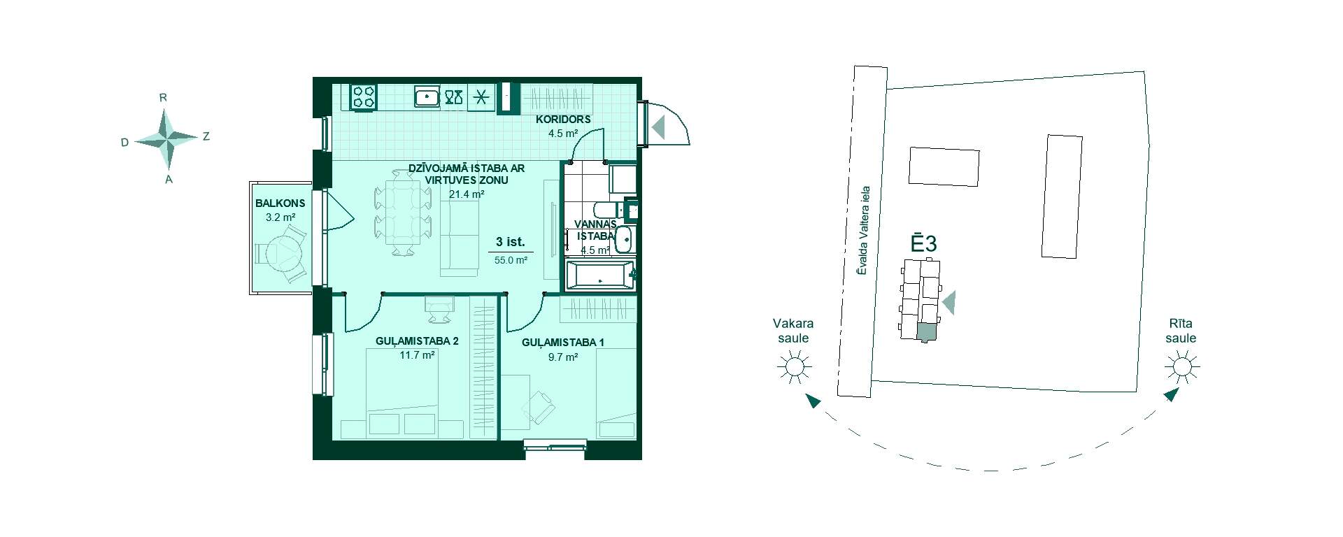 Plānojuma zīmējums - Dzīvokļa plāns: koridors, virtuve ar viesistabu, divas guļamistabas, vannas istaba, balkons. Ērts un kompakts 55 m² mājoklis.