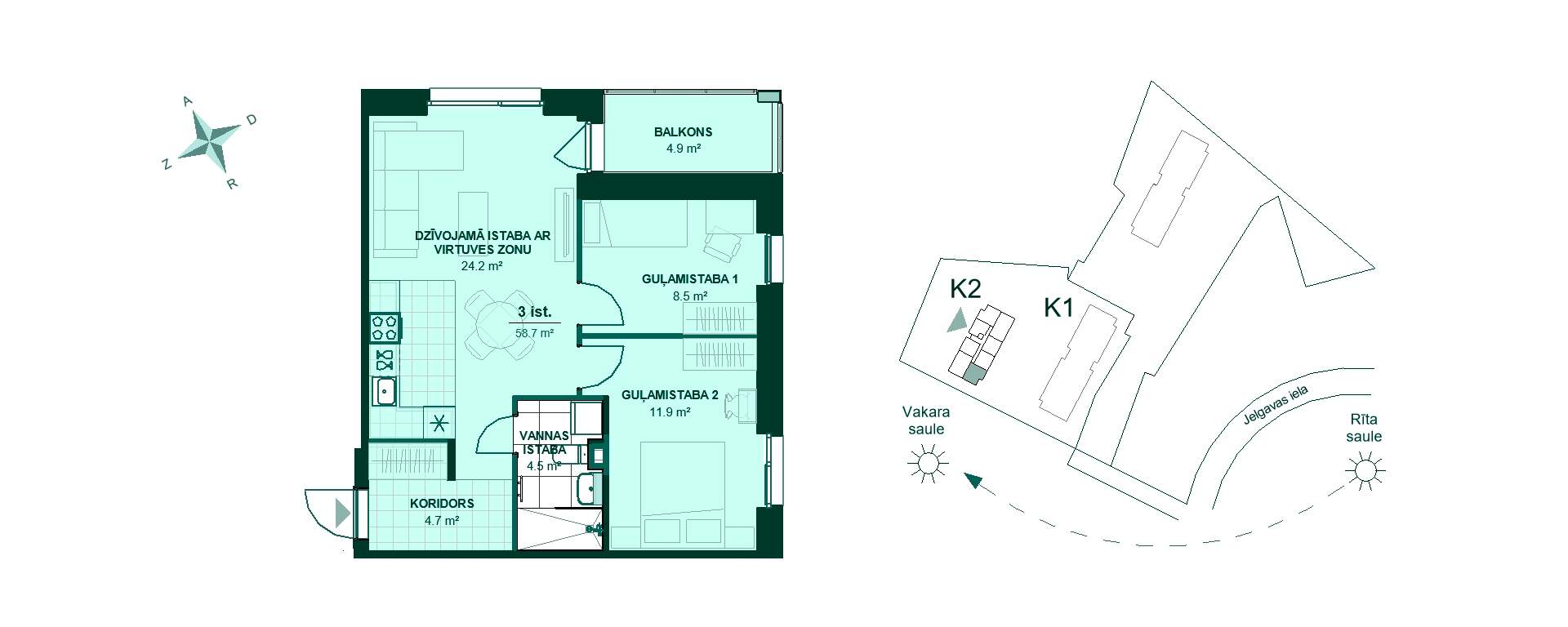 Vizualizacija - Dzīvokļa plānojums ar 3 istabām. Koridors ved uz virtuvi, dzīvojamo istabu, 2 guļamistabām, vannas istabu un balkonu. Kopā 58.7 m².