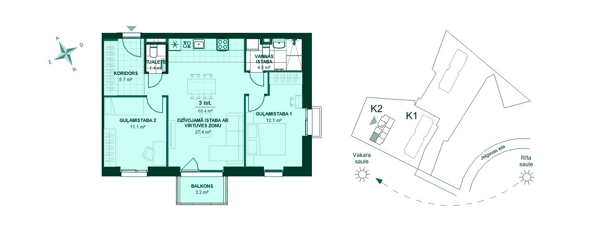 Vizualizacija - Izbaudiet dzīvokļa plānojumu: koridors 5.7 m², virtuve un viesistaba 27.4 m², guļamistabas 11.1 m² un 12.1 m², vannas istaba 4.5 m², balkons 3.2 m².