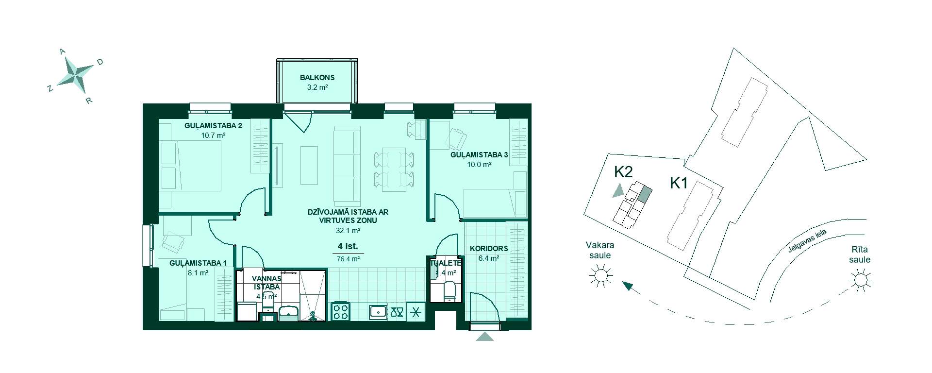 Plānojuma zīmējums - Izbaudiet šo 76.4 m² dzīvokļa plānojumu: koridors, virtuve apvienota ar viesistabu, 3 guļamistabas, vannas istaba, tualete un balkons.