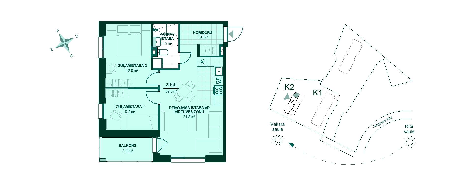 Plānojuma zīmējums - Dzīvokļa plānojums ar koridoru, virtuvi un viesistabu. Divas guļamistabas, vannas istaba un balkons. Kopējā platība: 59,5 m².