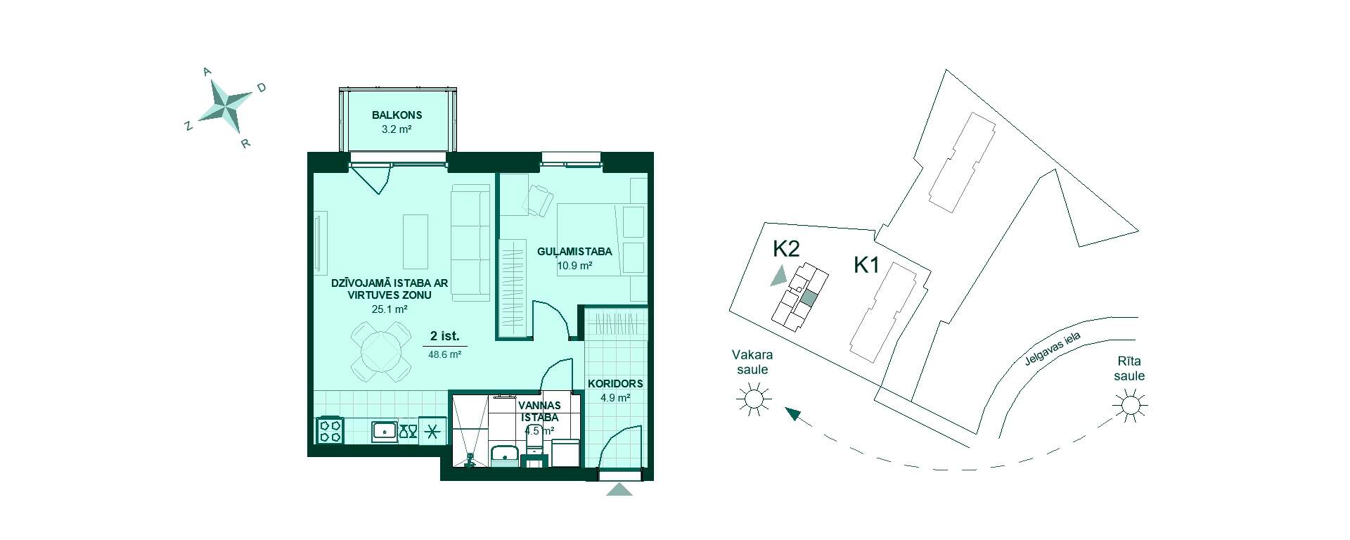 Plānojuma zīmējums - Divistabu dzīvokļa plānojums: koridors 4.9 m², virtuve ar viesistabu 25.1 m², guļamistaba 10.9 m², vannas istaba 5 m², balkons 3.2 m².