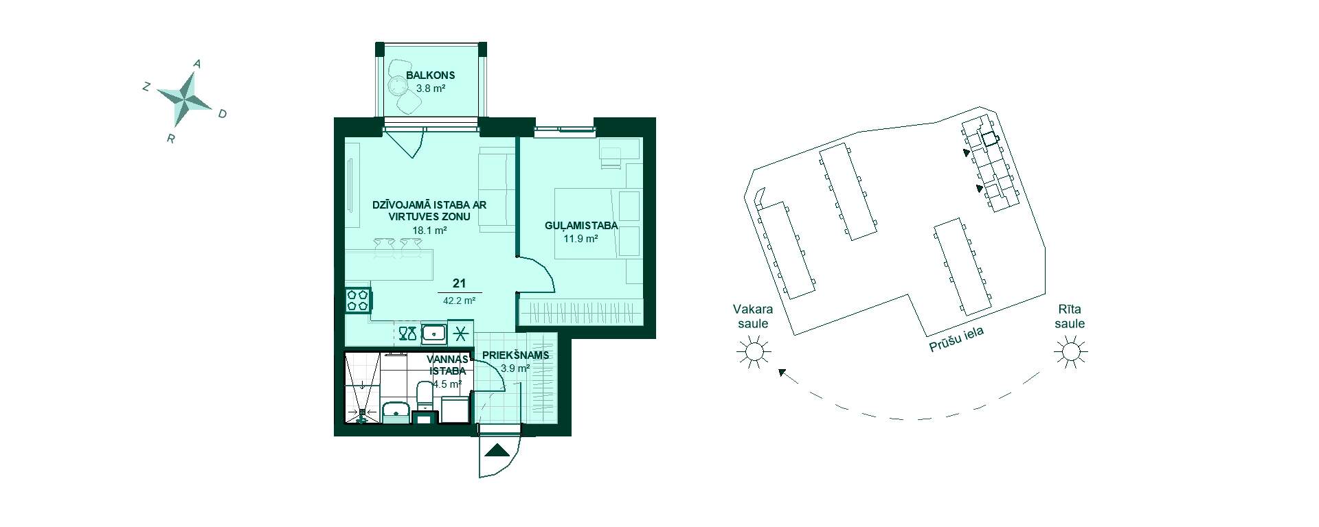Plānojuma zīmējums - Moderns dzīvokļa plānojums: priekšnams 3.9 m², virtuve un dzīvojamā zona 18.1 m², guļamistaba 11.9 m², vannas istaba 4.5 m², balkons 3.8 m².