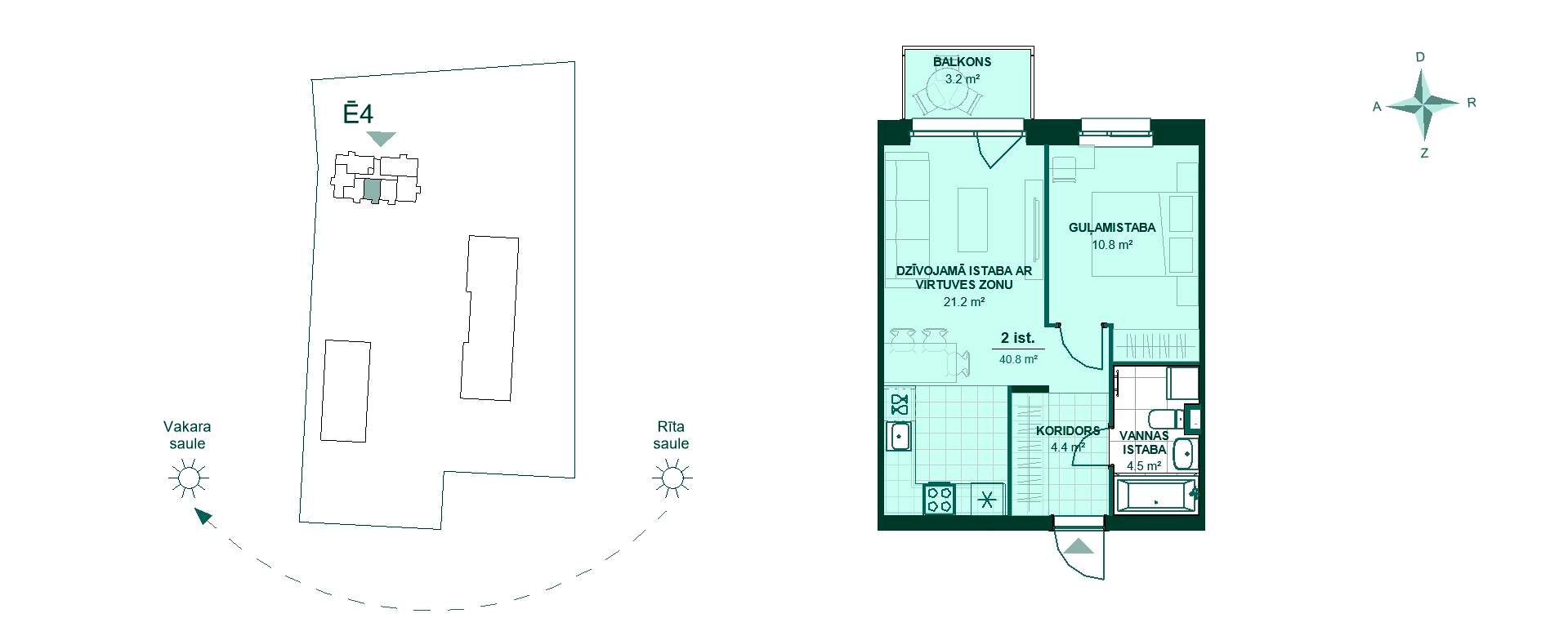 Plānojuma zīmējums - Divu istabu dzīvokļa plānojums: koridors 4.4 m², virtuve un dzīvojamā istaba 21.2 m², guļamistaba 10.8 m², vannas istaba 4.5 m², balkons 3.2 m².