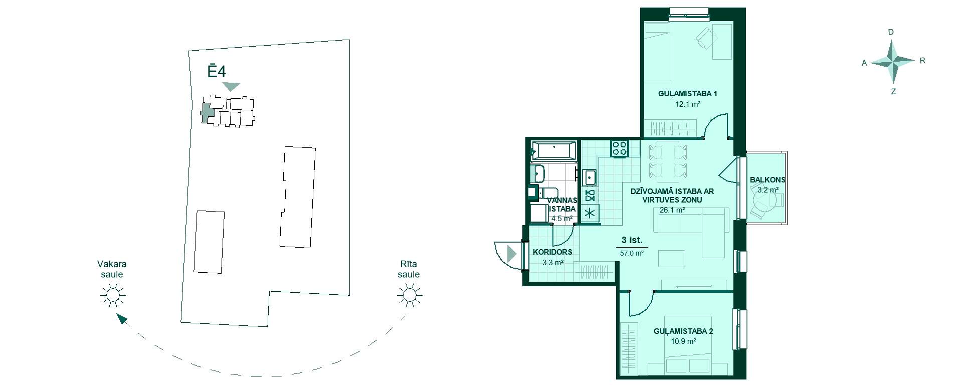 Plānojuma zīmējums - Dzīvokļa plānojums ar 3 istabām: koridors 3.3 m², virtuve ar dzīvojamo zonu 26.1 m², guļamistabas 12.1 m² un 10.9 m², vannas istaba 4.5 m², balkons 3.2 m². Ērts izkārtojums un vakara saule.