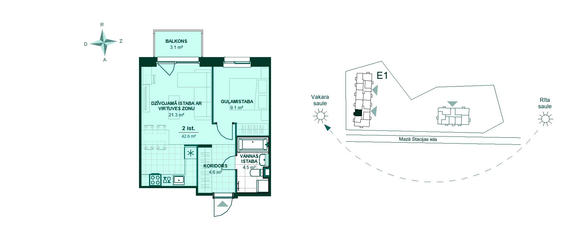Plānojuma zīmējums - Divu istabu dzīvokļa plānojums ar 42.6 m². Koridors ved uz virtuvi, dzīvojamo istabu, guļamistabu, vannas istabu un balkonu. Saulains un mājīgs!