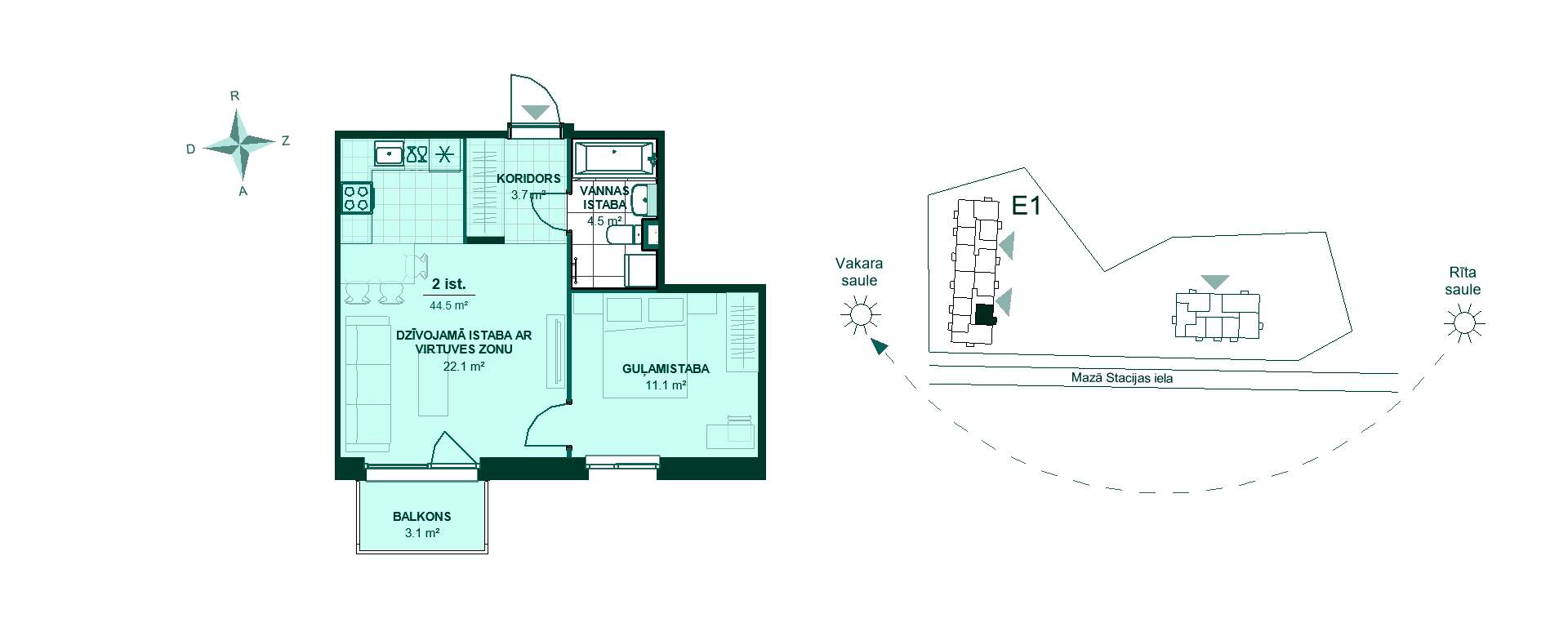 Plānojuma zīmējums - Divistabu dzīvokļa plānojums. Koridors 3.7 m², virtuve ar viesistabu 22.1 m², guļamistaba 11.1 m², vannas istaba 4.5 m², balkons 3.1 m².