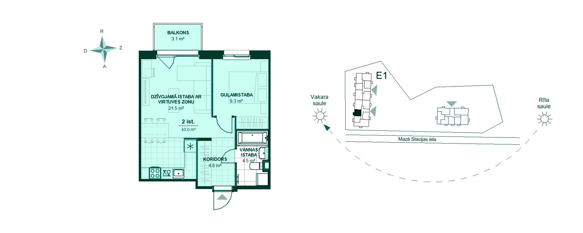 Plānojuma zīmējums - Divu istabu dzīvokļa plānojums ar 43 m² platību. Koridors, virtuve apvienota ar dzīvojamo istabu, guļamistaba, vannas istaba, balkons. Orientācija uz vakara sauli.
