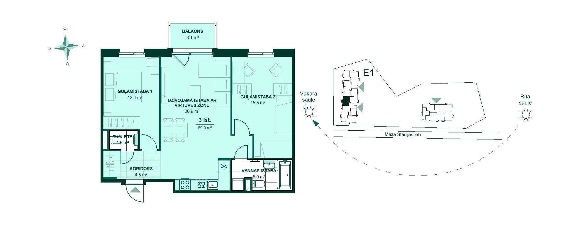 Plānojuma zīmējums - Mājokļa plāns ar 3 istabām: koridors 4.5 m², virtuve un dzīvojamā zona 26.9 m², 2 guļamistabas, vannas istaba, tualete, balkons.