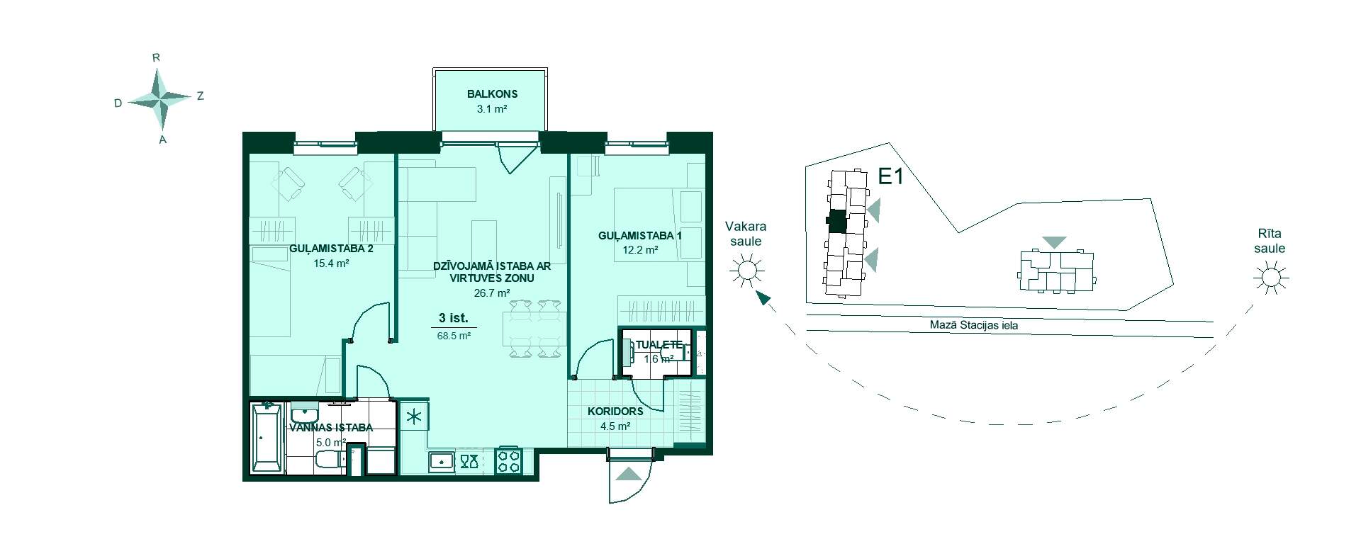 Plānojuma zīmējums - Trīsistabu dzīvokļa plāns: koridors 4.5 m², virtuve/viesistaba 26.7 m², guļamistabas 15.4 m² un 12.2 m², vannas istaba 5 m², tualete 1.6 m², balkons 3.1 m².