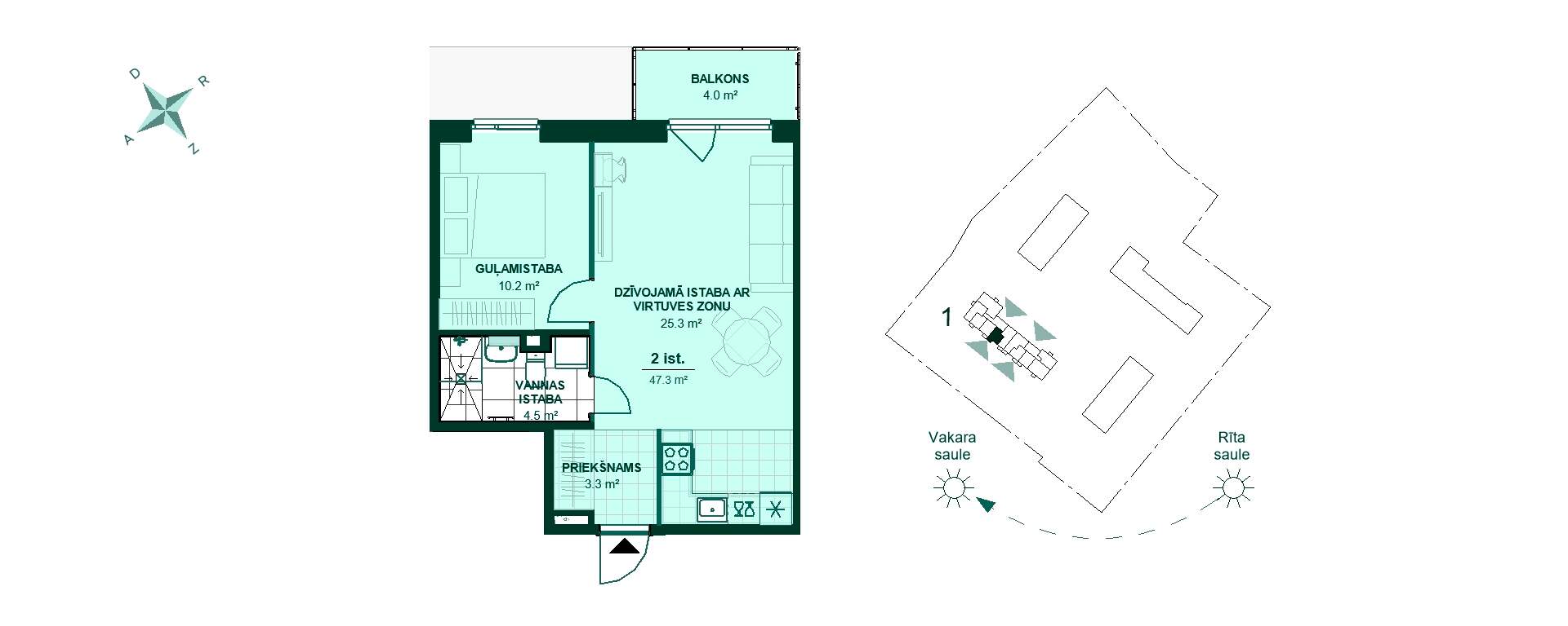 Plānojuma zīmējums - Divistabu dzīvokļa plānojums. Priekšnams 3,3 m², virtuve ar dzīvojamo istabu 25,3 m², guļamistaba 10,2 m², vannas istaba 4,5 m², balkons 4,0 m².