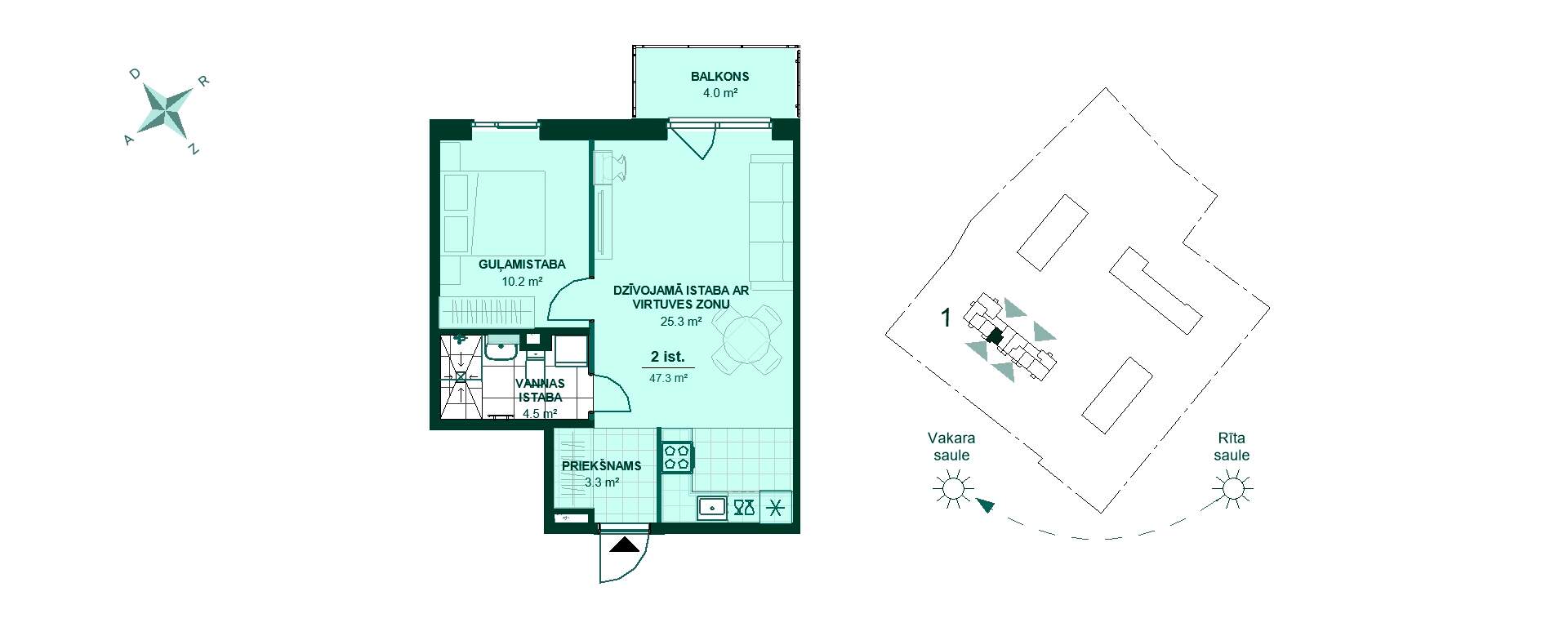 Plānojuma zīmējums - Divu istabu dzīvokļa plānojums: priekšnams 3.3 m², virtuve ar dzīvojamo zonu 25.3 m², guļamistaba 10.2 m², vannas istaba 4.5 m², balkons 4.0 m².