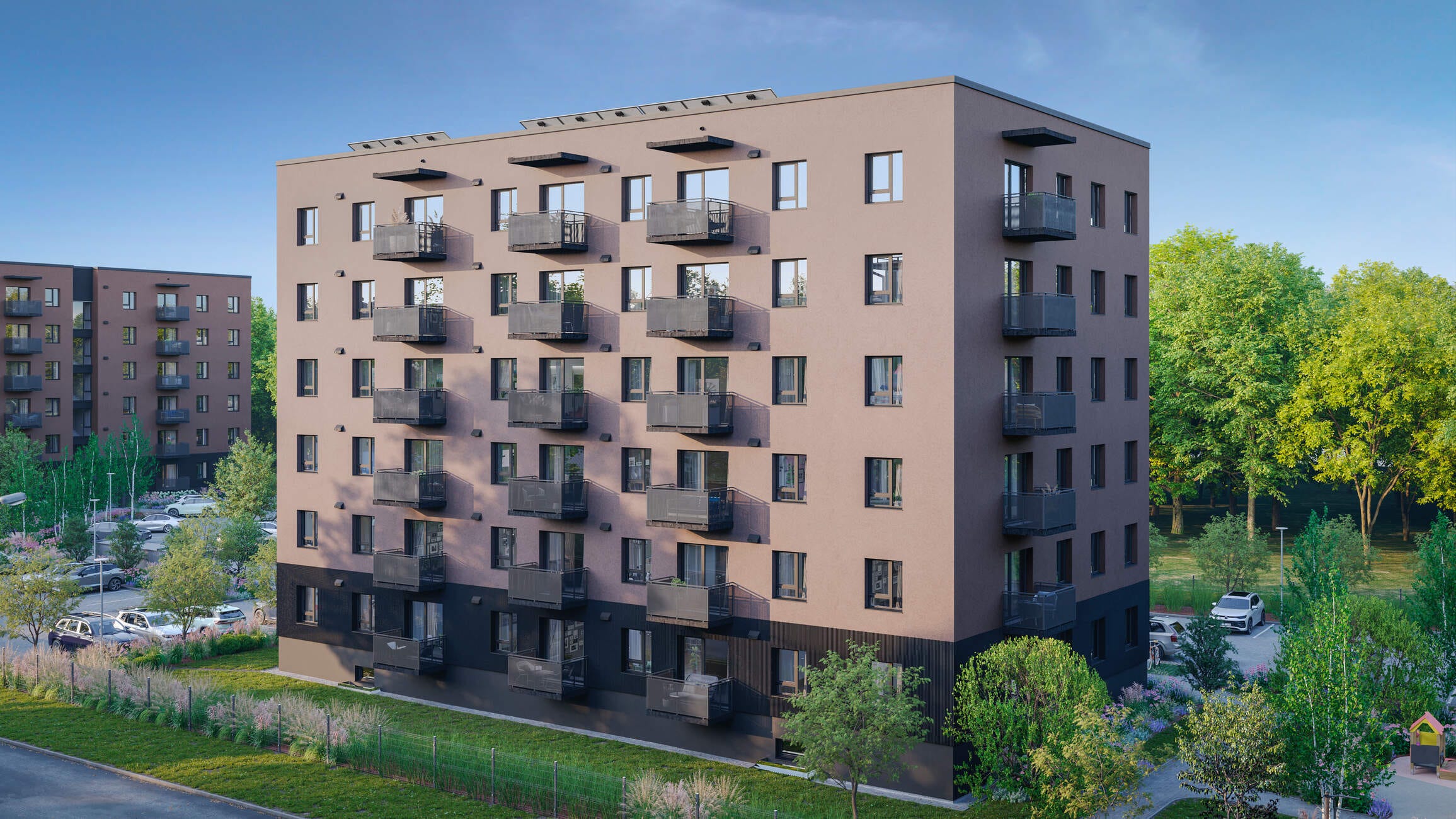 Vizualizacija - Modernas piecstāvu ēkas fasāde ar balkoniem, ko ieskauj zaļi koki un sakopta teritorija. Ideāla vieta jaunai mājvietai!