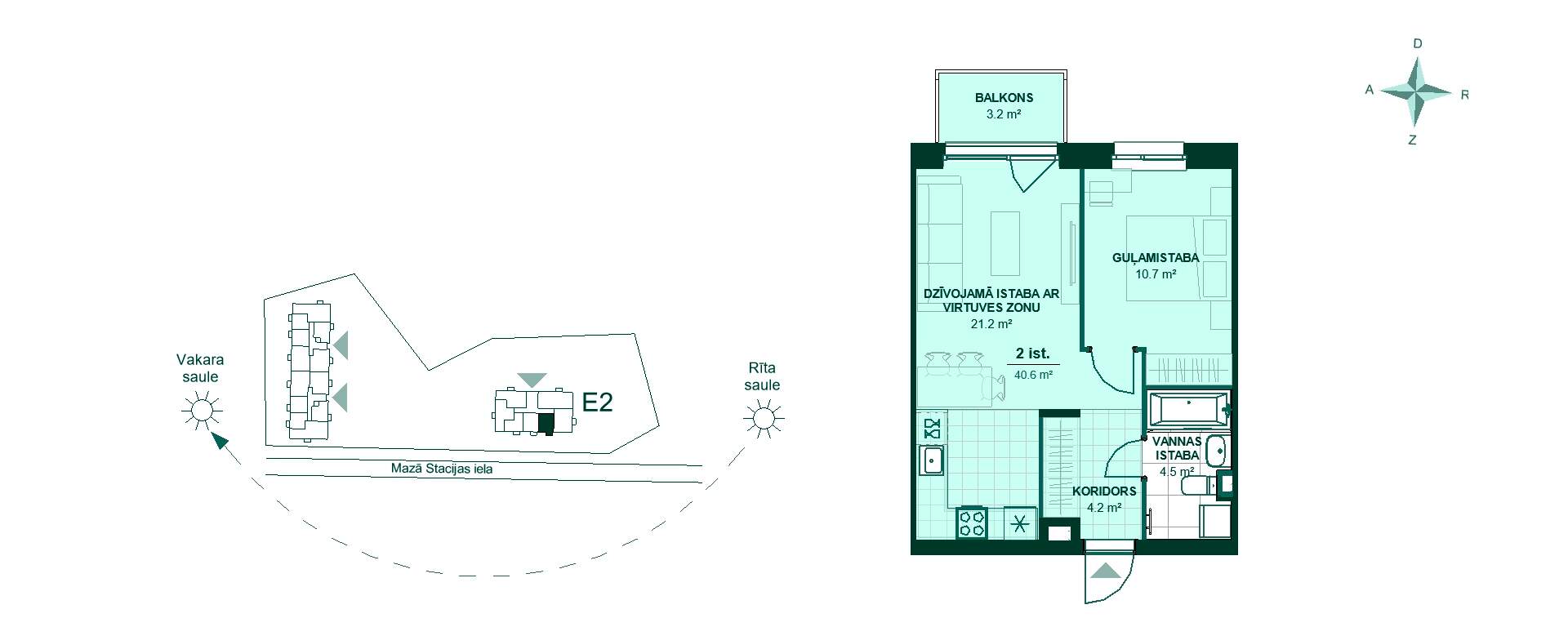 Plānojuma zīmējums - Divu istabu dzīvokļa plānojums: koridors 4.2 m², virtuve ar viesistabu 21.2 m², guļamistaba 10.7 m², vannas istaba 4.5 m², balkons 3.2 m².