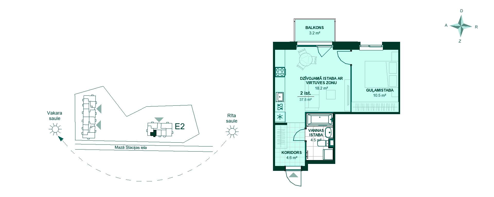 Plānojuma zīmējums - Divistabu dzīvokļa plānojums. Koridors 4.6 m², virtuve apvienota ar viesistabu 18.2 m², guļamistaba 10.5 m², vannas istaba 4.5 m², balkons 3.2 m².