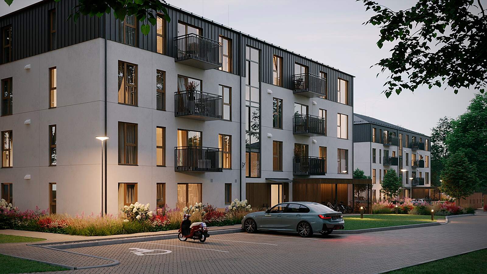 Vizualizacija - Bonava jaunais projekts Dzirciemā - Eiženijas mājas, Eiženijas ielā 1F, Rīgā. Moderna dzīvokļu ēka ar skaistu apzaļumotu teritoriju. Stikla balkoni un lieli logi nodrošina daudz dabiskās gaismas.