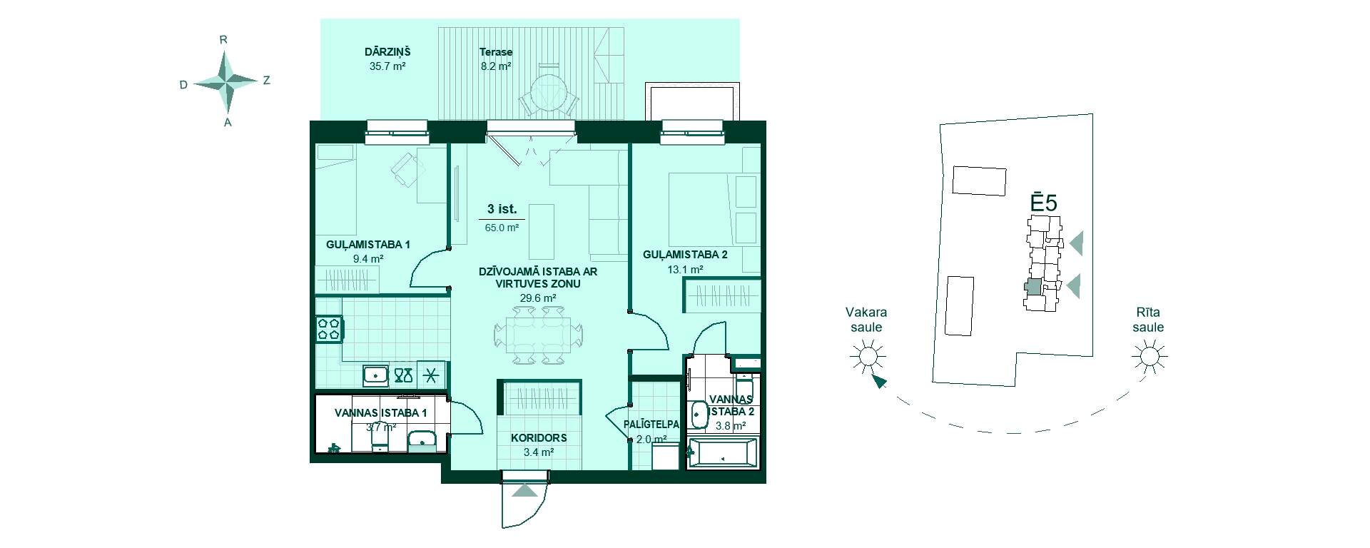 Plānojuma zīmējums - Pārdomāts dzīvokļa plānojums: koridors 3.4 m², virtuve apvienota ar viesistabu 29.6 m², guļamistabas 9.4 m² un 13.1 m², vannas istabas 3.8 m² un 4.3 m², terase 8.2 m², dārzs 35.7 m². Ideāla vieta ģimenei!