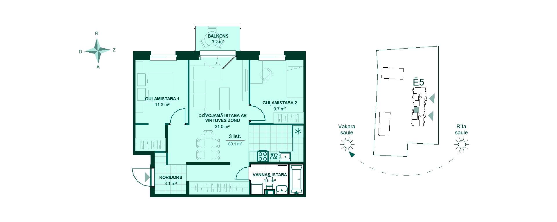 Plānojuma zīmējums - Pārdomāts dzīvokļa plānojums: 3 istabas. Koridors 3.1 m², virtuve ar viesistabu 31 m², 2 guļamistabas, vannas istaba, balkons.