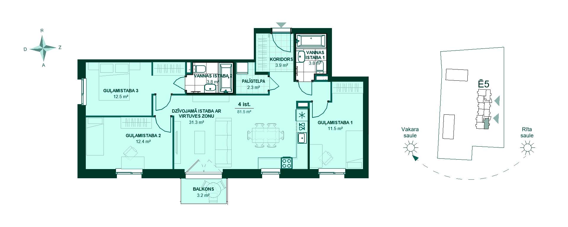 Plānojuma zīmējums - Dzīvokļa plānojums ar 4 istabām: koridors 3.9 m², virtuve un dzīvojamā zona 31.3 m², guļamistabas 12.5 m², 12.4 m², 11.5 m², vannas istabas 3.8 m², balkons 3.2 m². Saules orientācija rīta un vakara pusē.